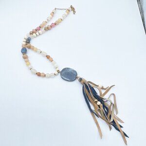 Chico's Bohemian Style Beaded Necklace With Leather Tassel & Stone Pendant